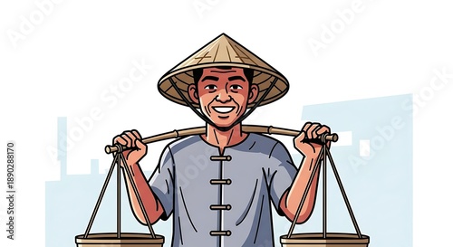 Smiling Asian man in a conical hat carrying a shoulder pole with buckets.