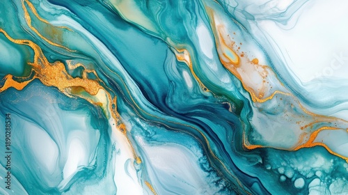 Abstract fluid art with swirling turquoise and gold colors, creating a mesmerizing marbled effect.