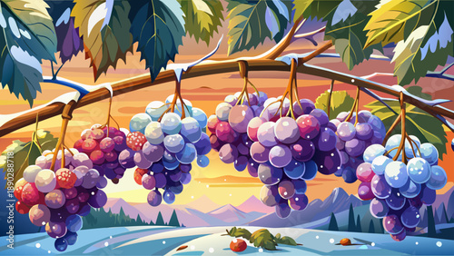 Very beautiful frozen grape clusters hang on the vine after an early frost, capturing seasonal transition and the fragile beauty of late autumn agriculture.