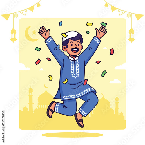Boy celebrating Eid with colorful confetti and festive decorations