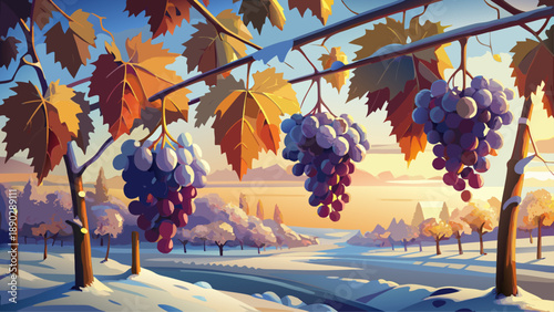 Very beautiful frozen grape clusters hang on the vine after an early frost, capturing seasonal transition and the fragile beauty of late autumn agriculture.