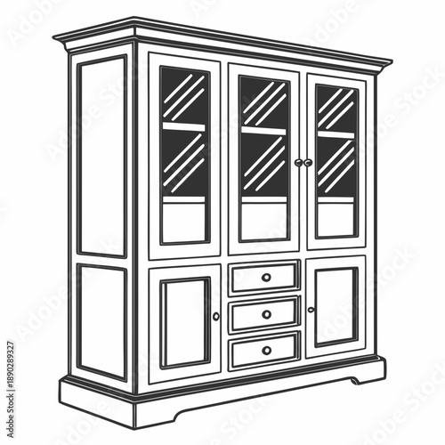 Elegant wooden cabinet with glass doors and multiple drawers for storage