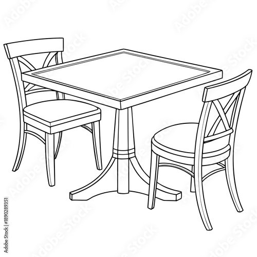 A set of four wooden chairs and a square table in a minimalist sketch style.