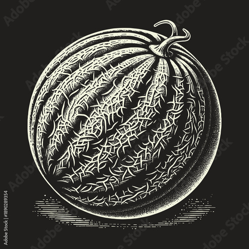 Detailed Engraving of a Round Watermelon on Dark Background.