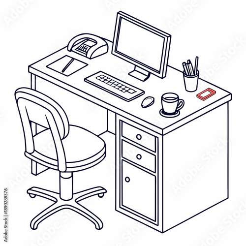 A modern office desk setup with a computer, chair, and storage.