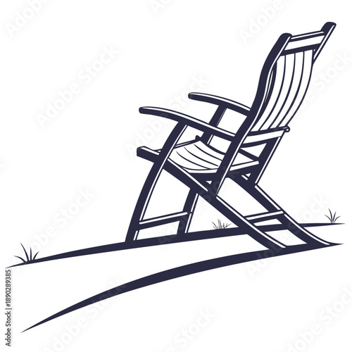 A single deck chair resting on a sandy beach with gentle waves nearby.
