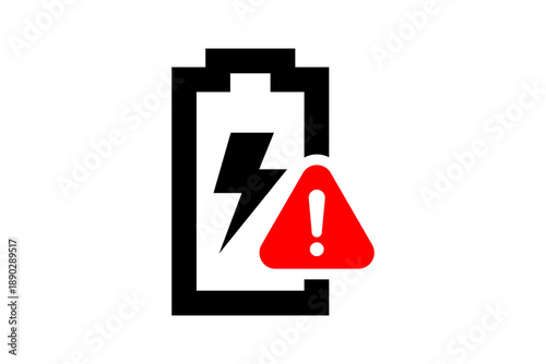 Billede på lærred Half charged battery icon with red exclamation mark warning sign for critical energy level alert and power error isolated on transparent background for mobile device UI ux design