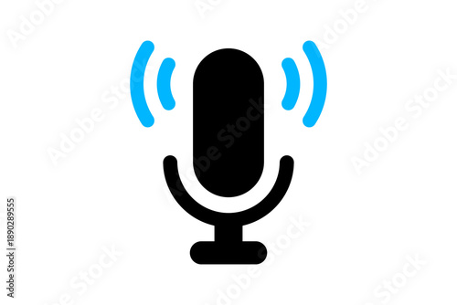 Black microphone icon with blue signal waves for live audio broadcasting and voice recording status isolated on transparent background for podcasting and communication apps.