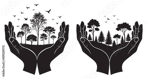 Hands holding trees and birds symbolizing nature conservation and eco friendly living