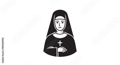 Illustration of a nun holding a cross and book, symbolizing faith and devotion in a simple, iconic style