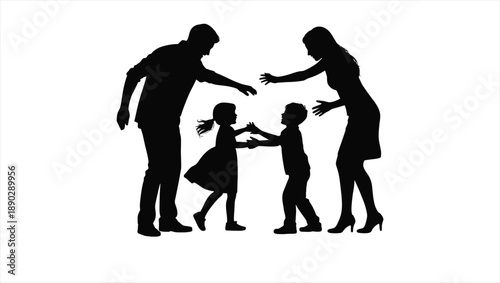 Family silhouette of parents and children playing together outdoors happily