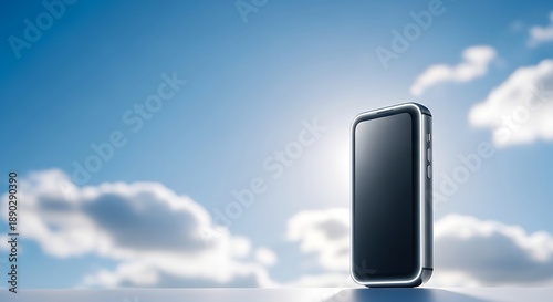 Sleek Black Smartphone Standing Upright Against a Bright Blue Sky with Fluffy White Clouds.