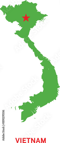 Green vector silhouette map of Vietnam with red star capital marker for travel and geographical branding.