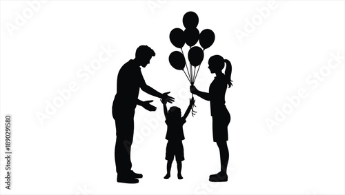 Family with child holding balloons in joyful moment together