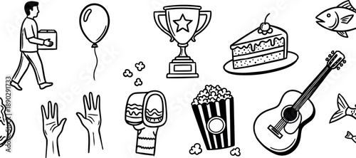 Black and white hand drawn style diverse icons showing man carrying box balloon trophy cake fish guitar popcorn mitten and raised hands