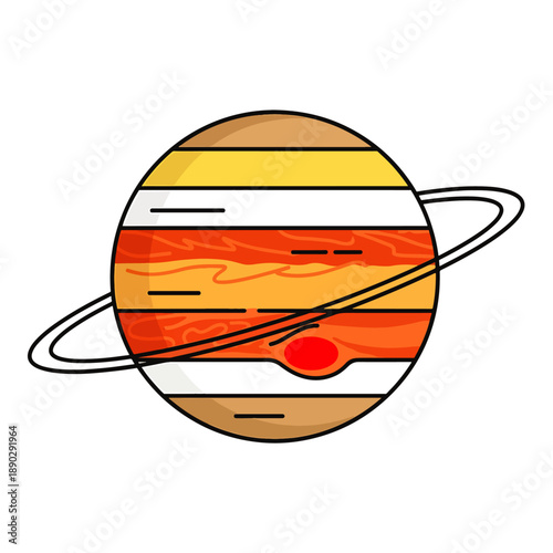 Colorful vector illustration of the planet Jupiter with its rings and the Great Red Spot
