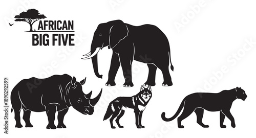 African Big Five animals elephant rhino buffalo lion leopard wildlife safari flat design vector illustration