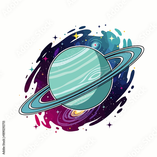 Colorful illustration of a planet with rings and a cosmic background with stars and galaxies