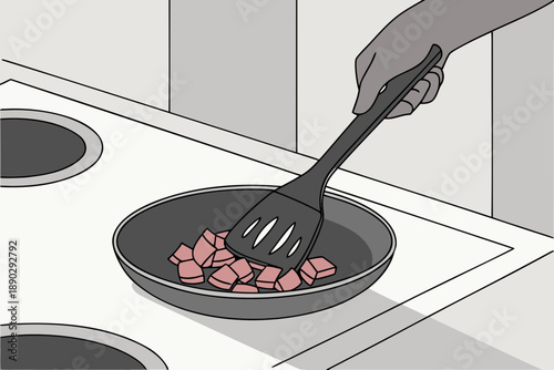 Hand uses a slotted spatula to stir diced food in a frying pan on a stovetop