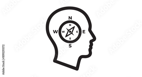 A person's head in profile with a compass inside, symbolizing navigation and direction