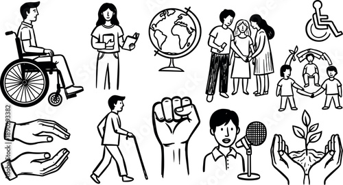 Black and white vector art of people with disabilities including man in wheelchair, elderly walking cane, group holding hands, and environmental care hands with plant