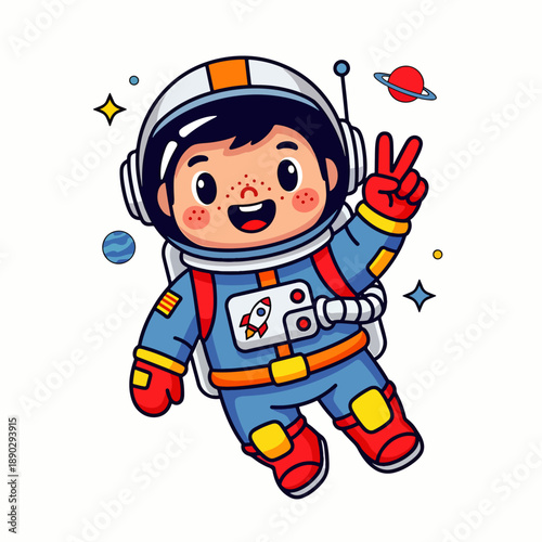 Cheerful cartoon astronaut floating in space with planets and a peace sign gesture illustration