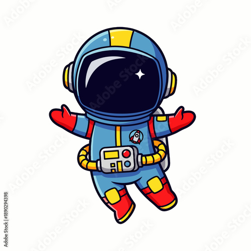 Cartoon astronaut floating in space suit with arms outstretched and a shiny star on helmet