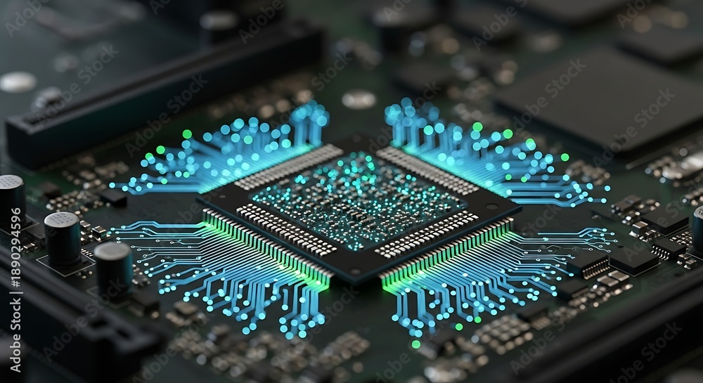 Fototapeta premium Close up of a computer microchip with glowing blue circuits