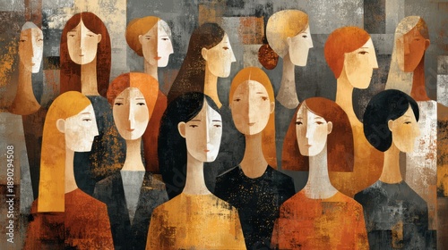 Wallpaper Mural A collection of women with various hair colors and styles, depicted in an abstract art piece rich in warm tones. Their expressions convey a sense of unity and strength, emphasizing diversity. Torontodigital.ca