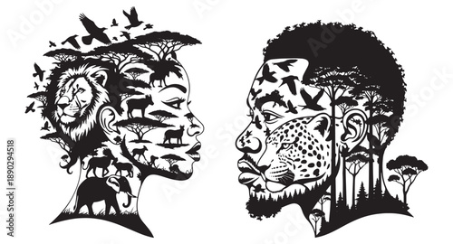 Tribal warrior chief profile faces with intricate patterns and nature elements vector illustration