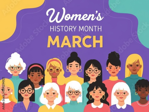 Vector illustration of a diverse team of women from various backgrounds and ages celebrating Women's History Month in March.