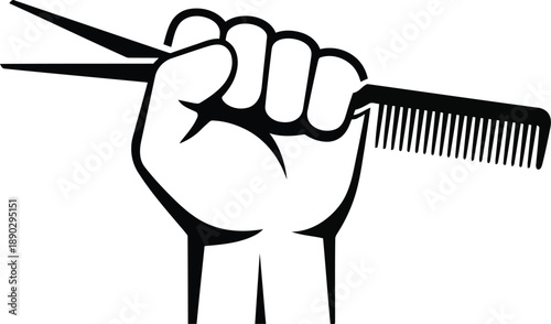 Empowering hairstylist gesture with scissors and comb in hand
