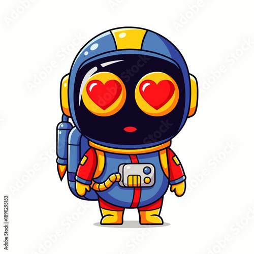 Adorable cartoon astronaut with heart eyes in love, cute space explorer illustration