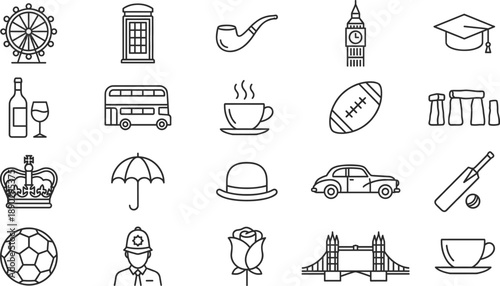 Minimal line icon set featuring London landmarks and British symbols including Ferris wheel, Big Ben, double decker bus, tea cup, crown, bridge and culture elements.
