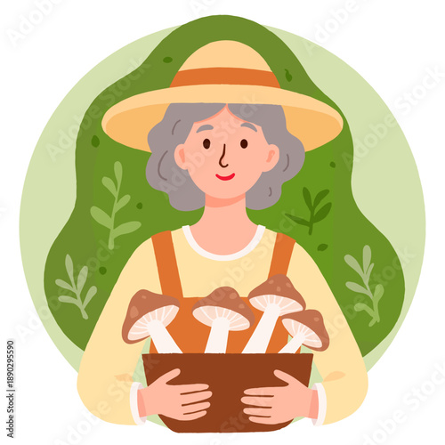 Senior woman holding basket of mushrooms in green forest background . Elderly set