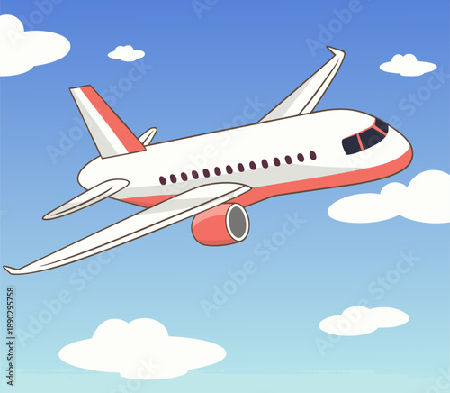 Commercial Airplane Flying Through Blue Sky Vector Illustration