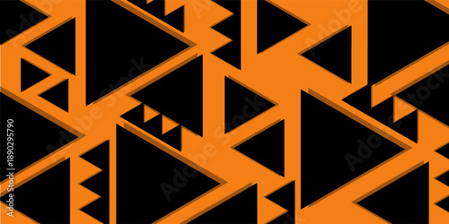 The image shows a orange background with black triangular shapes in various sizes forming a pattern.