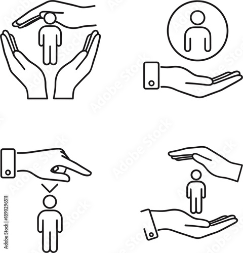 Professional vector icons for human protection social insurance customer care and life safety services branding.