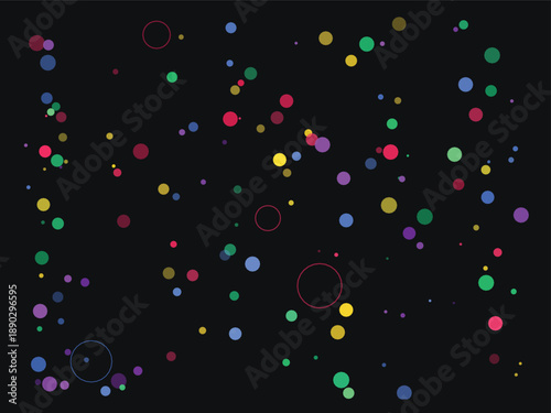 Colorful confetti dots scattered on dark grid background with vibrant hues and playful design, evoking a festive mood