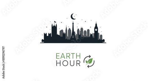 Earth hour city skyline silhouette with moon and green leaf logo