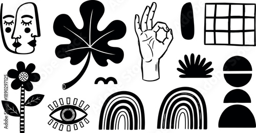 Black and white minimalist line art abstract faces leaf hand gesture flower rainbows geometric shapes modern vector icons