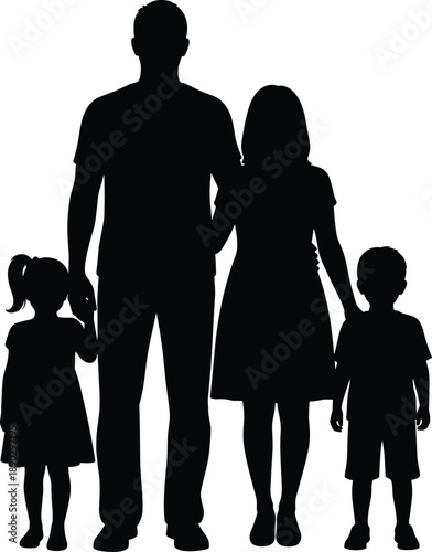 Family silhouette standing together with mother father daughter and son isolated white background parenting care lifestyle concept vector illustration