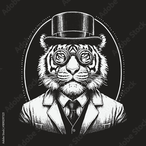 Dapper Tiger: A Stylish Feline Portrait in Black and White.
