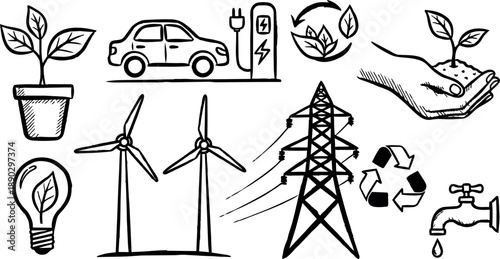 Hand drawn style black and white eco energy icons including electric car charging wind turbines recycling plant pot power line water tap