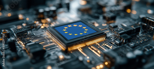 European Union Flag on Advanced Microchip, Symbolizing EU Technology Strategy, Semiconductor Industry, Digital Sovereignty, AI Regulation and Cybersecurity Innovation