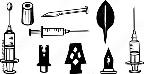 Black and white line art collection of medical syringe needles and tattoo pen tips close up set vector illustration isolated
