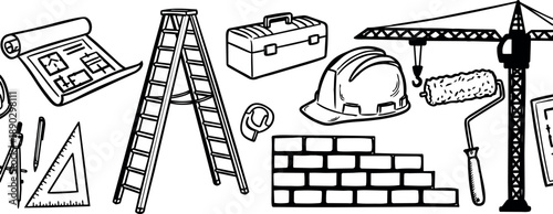Hand drawn black and white construction tools ladder hard hat blueprint toolbox brick wall roller crane tape measure technical drawing equipments