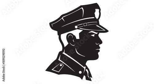 Illustration of a police officer in uniform, profile view, with a serious expression and a hat