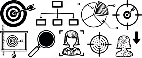 Hand drawn black and white business target charts organizational flow magnifying glass user focus icons collection