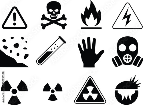 Danger warning hazard icons set in black and white
